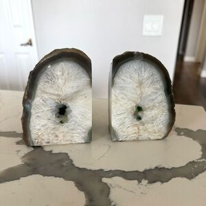 Green and white agate crystal bookends